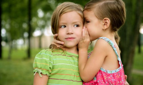 Two twin little sister girls whisper in the ear, outdoor on green park